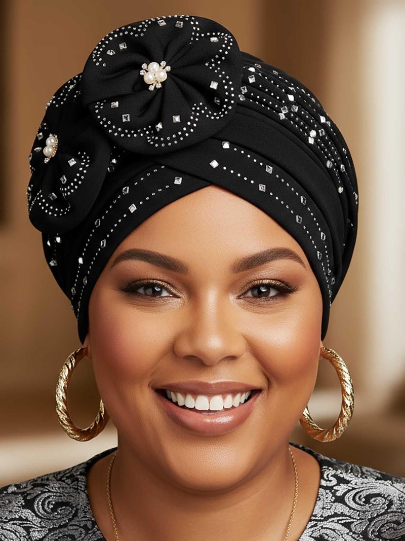 Woeoe Beanie Cap Head Wrap Black Rhinestones Head Scarf Flower Pearls Twisted Head Turban for Women Girls - Image 5