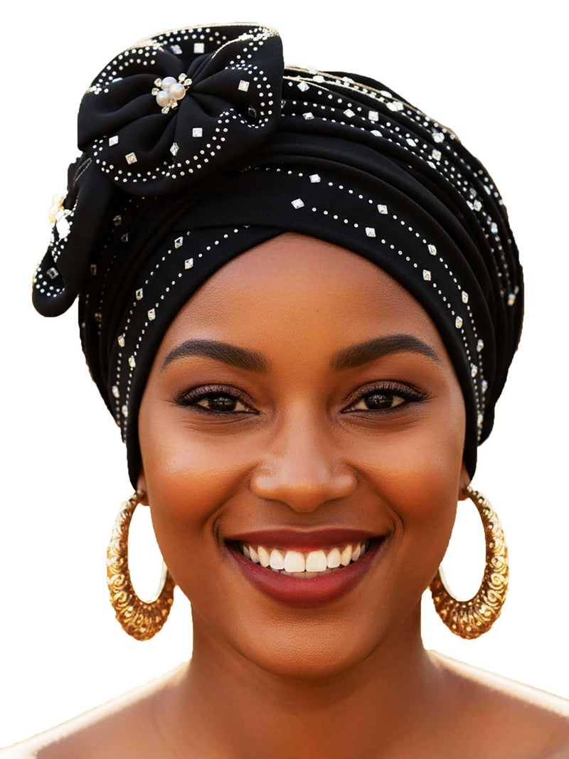 Woeoe Beanie Cap Head Wrap Black Rhinestones Head Scarf Flower Pearls Twisted Head Turban for Women Girls - Image 1