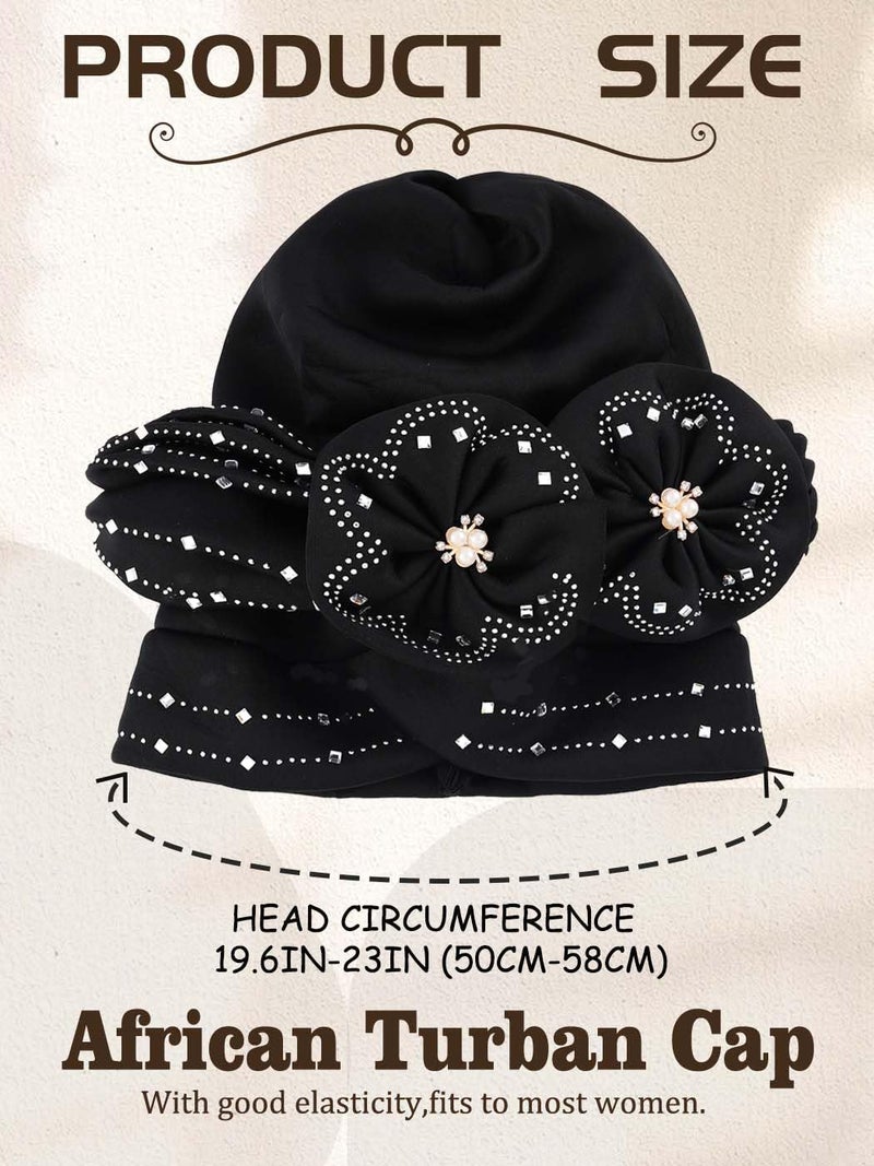 Woeoe Beanie Cap Head Wrap Black Rhinestones Head Scarf Flower Pearls Twisted Head Turban for Women Girls - Image 2