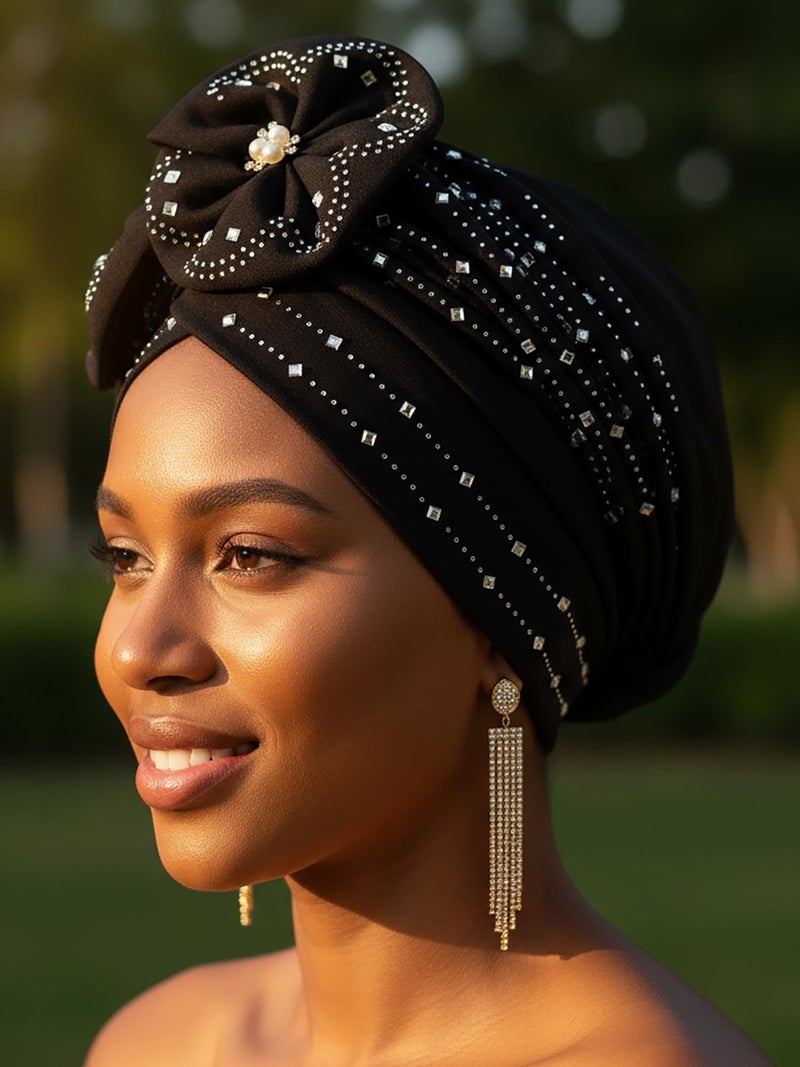 Woeoe Beanie Cap Head Wrap Black Rhinestones Head Scarf Flower Pearls Twisted Head Turban for Women Girls - Image 3