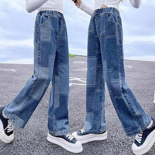Rolanko Girls Baggy Jeans Elastic Wide Leg Stretch Denim Pants Loose Kids Clothes (Blue Patchw, 14-16) - Image 4