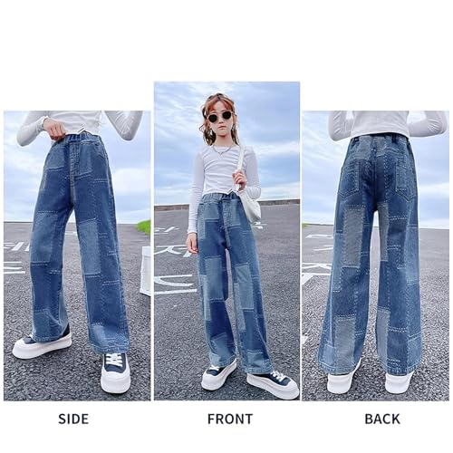 Rolanko Girls Baggy Jeans Elastic Wide Leg Stretch Denim Pants Loose Kids Clothes (Blue Patchw, 14-16) - Image 5
