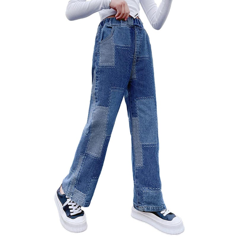Rolanko Girls Baggy Jeans Elastic Wide Leg Stretch Denim Pants Loose Kids Clothes (Blue Patchw, 14-16) - Image 2