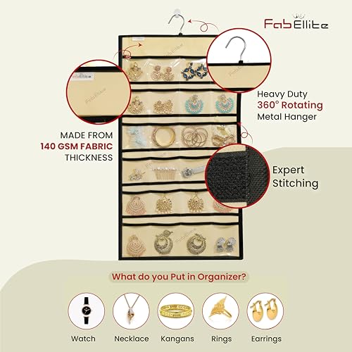 FAB ELLITE Double-Sided Hanging Jewelry Organizer with 24 Clear PVC Pockets & 10 Hook Loops | Space-Saving Jewelry Storage Hanger for Necklaces, Bracelets, Rings & Earrings - Image 5