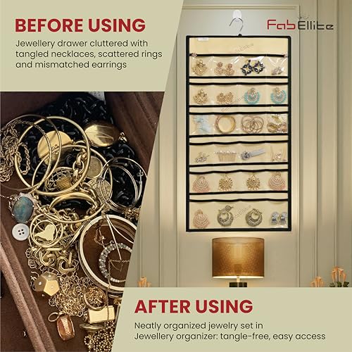 FAB ELLITE Double-Sided Hanging Jewelry Organizer with 24 Clear PVC Pockets & 10 Hook Loops | Space-Saving Jewelry Storage Hanger for Necklaces, Bracelets, Rings & Earrings - Image 4