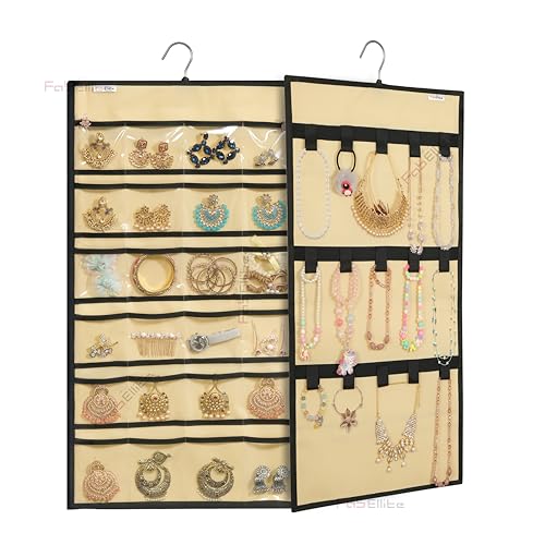 FAB ELLITE Double-Sided Hanging Jewelry Organizer with 24 Clear PVC Pockets & 10 Hook Loops | Space-Saving Jewelry Storage Hanger for Necklaces, Bracelets, Rings & Earrings - Image 1