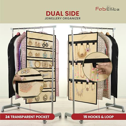 FAB ELLITE Double-Sided Hanging Jewelry Organizer with 24 Clear PVC Pockets & 10 Hook Loops | Space-Saving Jewelry Storage Hanger for Necklaces, Bracelets, Rings & Earrings - Image 3