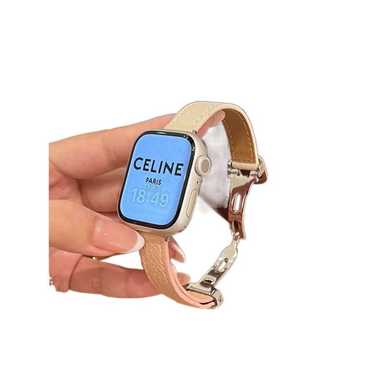 AD Pink Classic Leather Strap Smartwatch Band Compatible with Apple Watch / SE with Adjustable Fit Replacement Strap for Daily Wear - Image 1