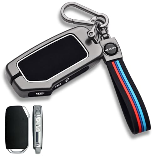 KEYCEPT Metal Alloy Key Cover Compatible with Kia Seltos HTE, Sonet HTE, Carens Premium, Prestige 3 Button Smart Key (Long Keychain). - Image 1