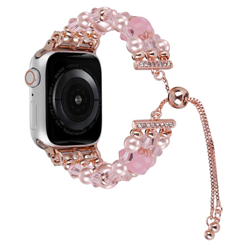 CHOiCE For Watch SE 2023 44mm Beaded Onyx Retractable Chain Watch Band(Pink) - Image 1