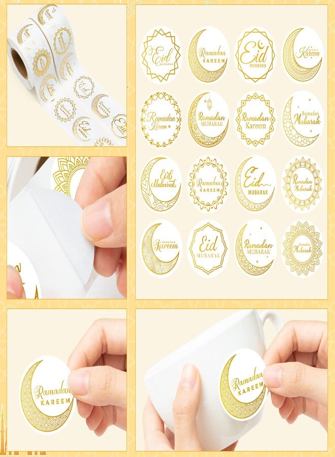 W1cwey لفائف ملصقات عيد الفطر من W1cwey رمضان - 1000 قطعة (لفّتان) - ملصقات ذهبية دائرية بنمط هلال رمضان وعيد الفطر، ملصقات هدايا ذاتية اللصق، ملصقات تغليف هدايا، ملصقات زجاجات المياه، ملصقات سجلات القصاصات - Image 3