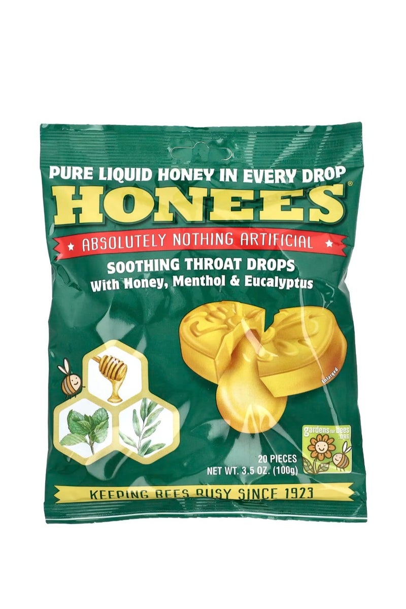 Honees Soothing Throat Drops with Honey Menthol & Eucalyptus 20 Pieces 3.5 oz (100 g) - Image 1