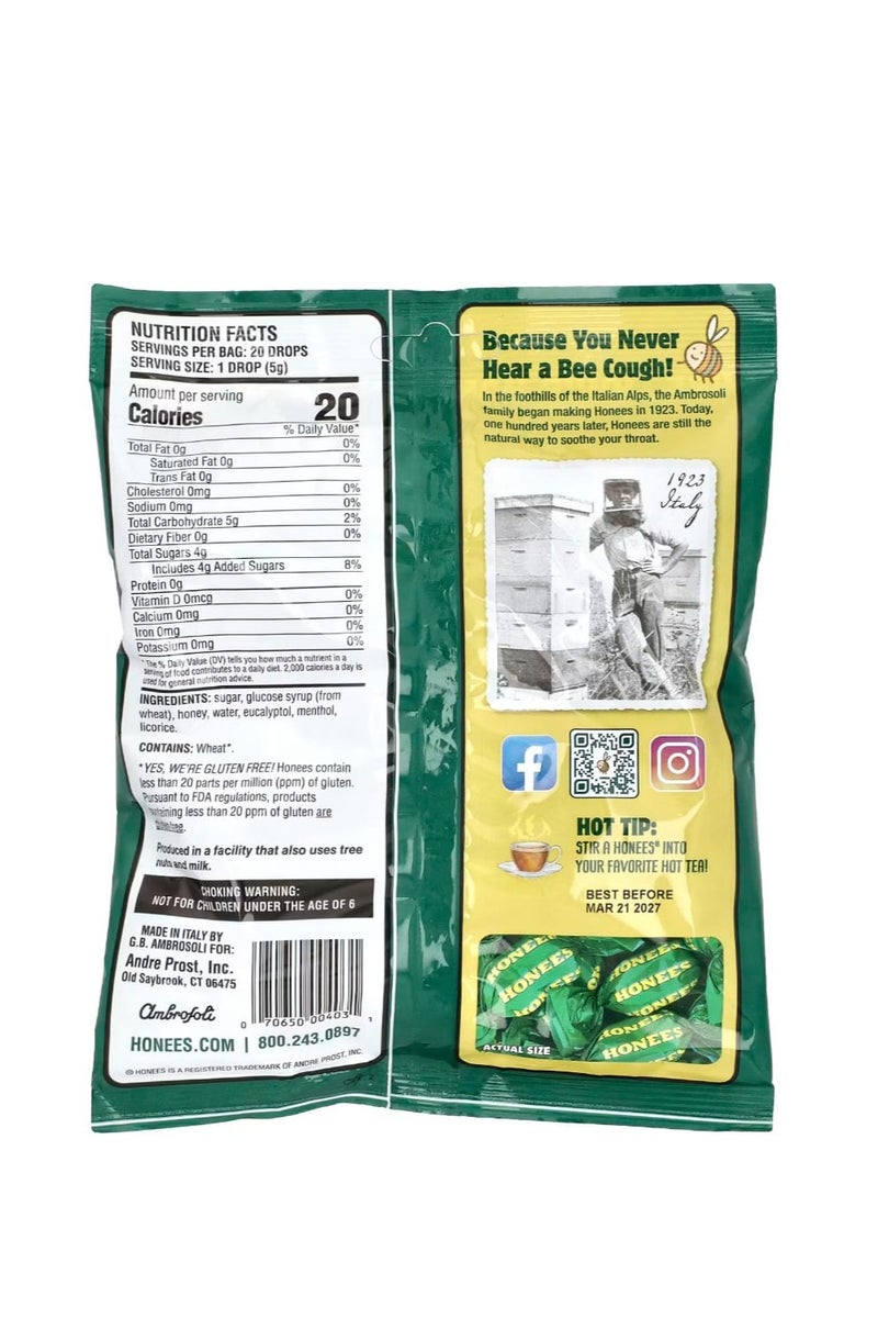 Honees Soothing Throat Drops with Honey Menthol & Eucalyptus 20 Pieces 3.5 oz (100 g) - Image 2