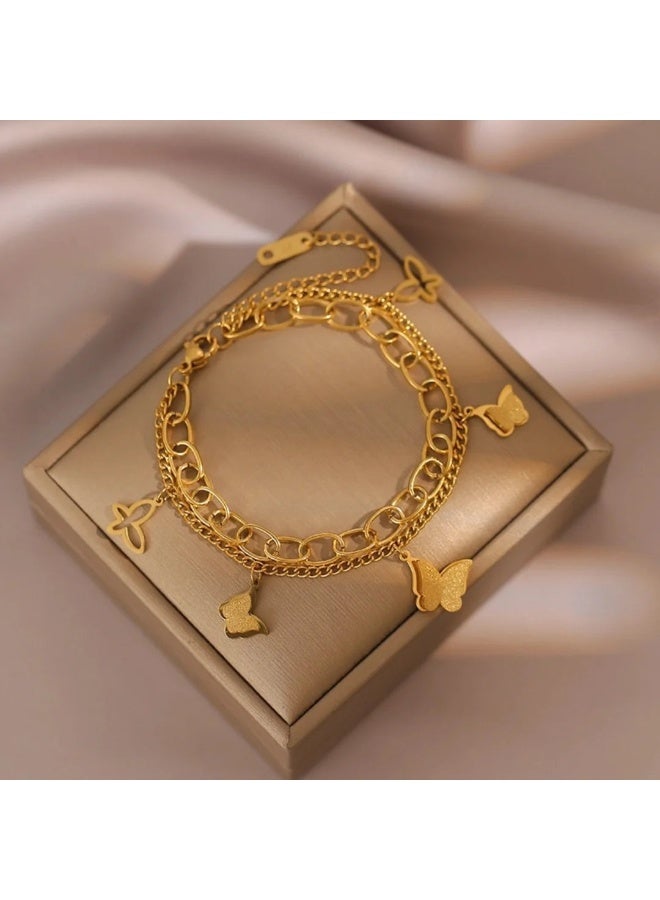 JOY Elegant Dual-Layered Gold-Plated Chain Bracelet with Delicate Butterfly Charms – Stylish and Lightweight Women's Fashion Accessory for Everyday Wear and Special Occasions - Image 3