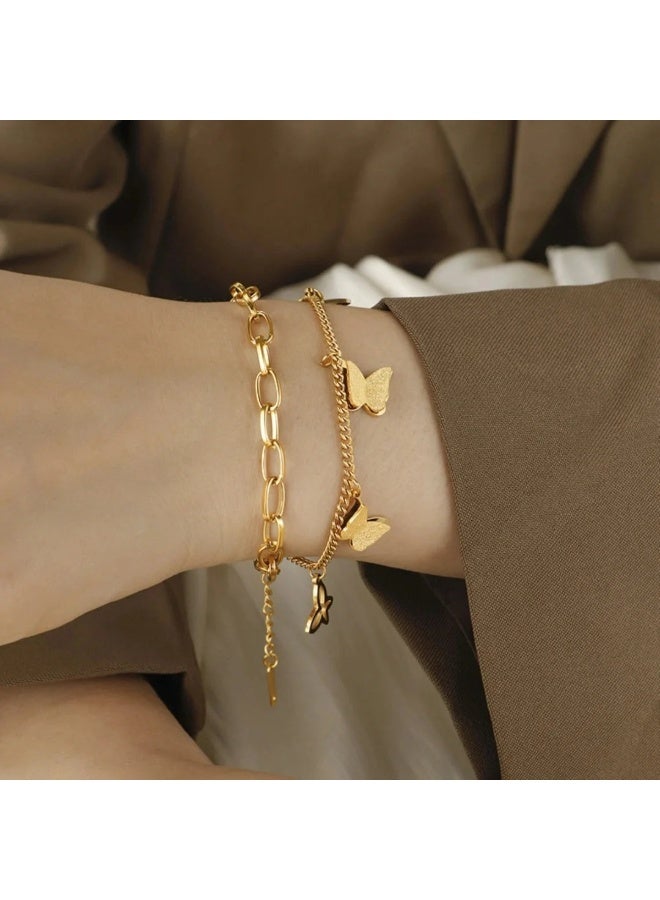 JOY Elegant Dual-Layered Gold-Plated Chain Bracelet with Delicate Butterfly Charms – Stylish and Lightweight Women's Fashion Accessory for Everyday Wear and Special Occasions - Image 2