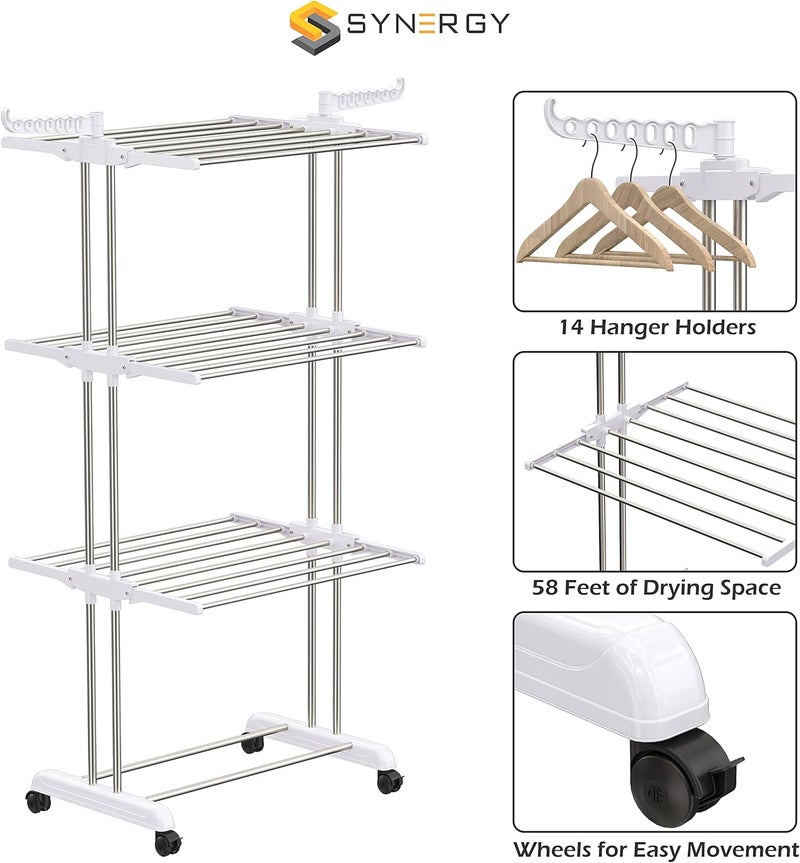 SYNERGY - Premium Heavy Duty Stainless Steel Foldable Cloth Drying Stand/Clothes Stand for Drying/Cloth Stand/Clothes Dryer/Laundry Racks (3 Tier) White - SY-CS21 - Image 5