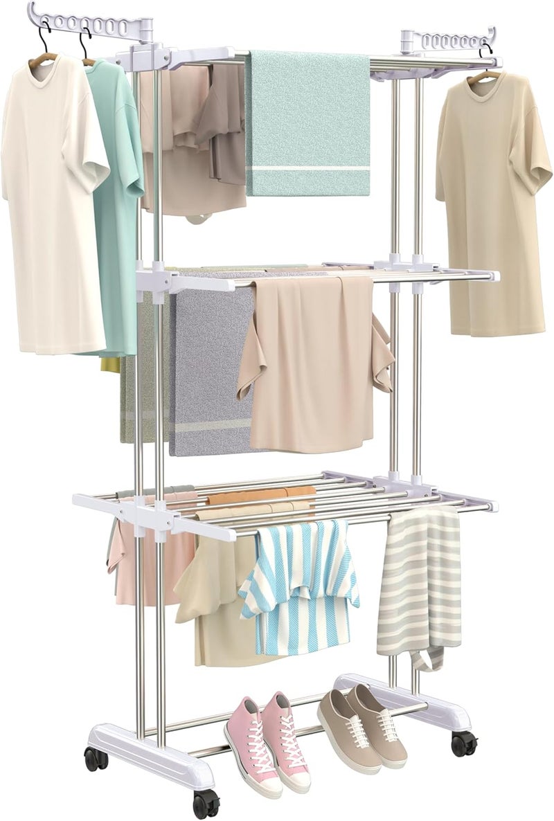 SYNERGY - Premium Heavy Duty Stainless Steel Foldable Cloth Drying Stand/Clothes Stand for Drying/Cloth Stand/Clothes Dryer/Laundry Racks (3 Tier) White - SY-CS21 - Image 1
