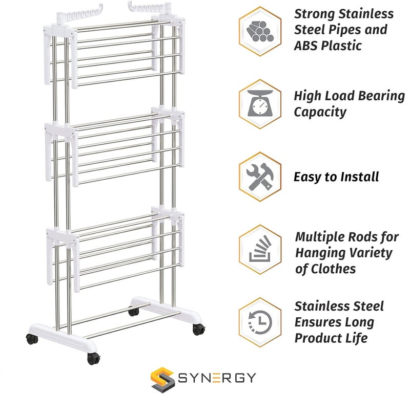 SYNERGY - Premium Heavy Duty Stainless Steel Foldable Cloth Drying Stand/Clothes Stand for Drying/Cloth Stand/Clothes Dryer/Laundry Racks (3 Tier) White - SY-CS21 - Image 4