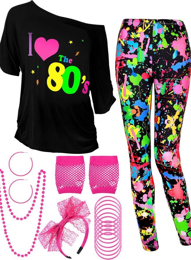 Blulu 80s Women Costume Set, Lips Print off Shoulder T-shirt, Geometric Legging Pants Earring Necklace Gloves Bracelet, Short Sleeve I Love 80s, 3XL - Image 1