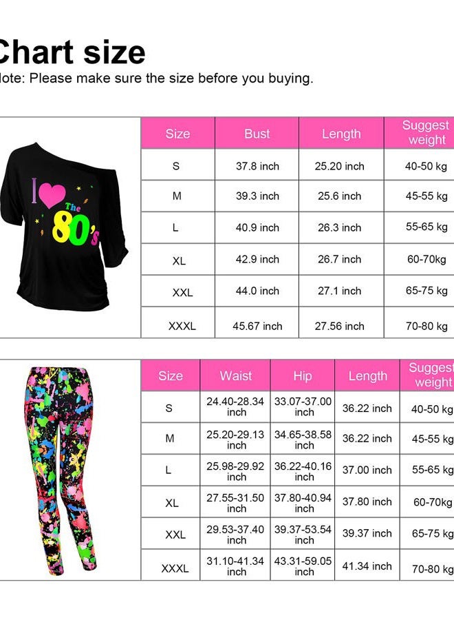 Blulu 80s Women Costume Set, Lips Print off Shoulder T-shirt, Geometric Legging Pants Earring Necklace Gloves Bracelet, Short Sleeve I Love 80s, 3XL - Image 2