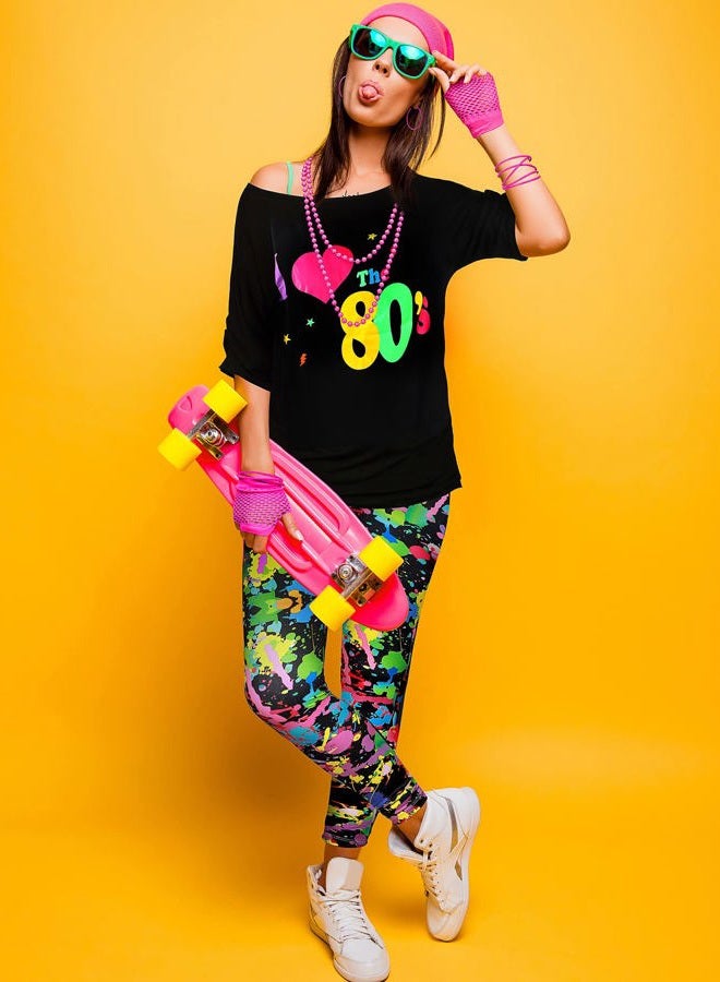 Blulu 80s Women Costume Set, Lips Print off Shoulder T-shirt, Geometric Legging Pants Earring Necklace Gloves Bracelet, Short Sleeve I Love 80s, 3XL - Image 5