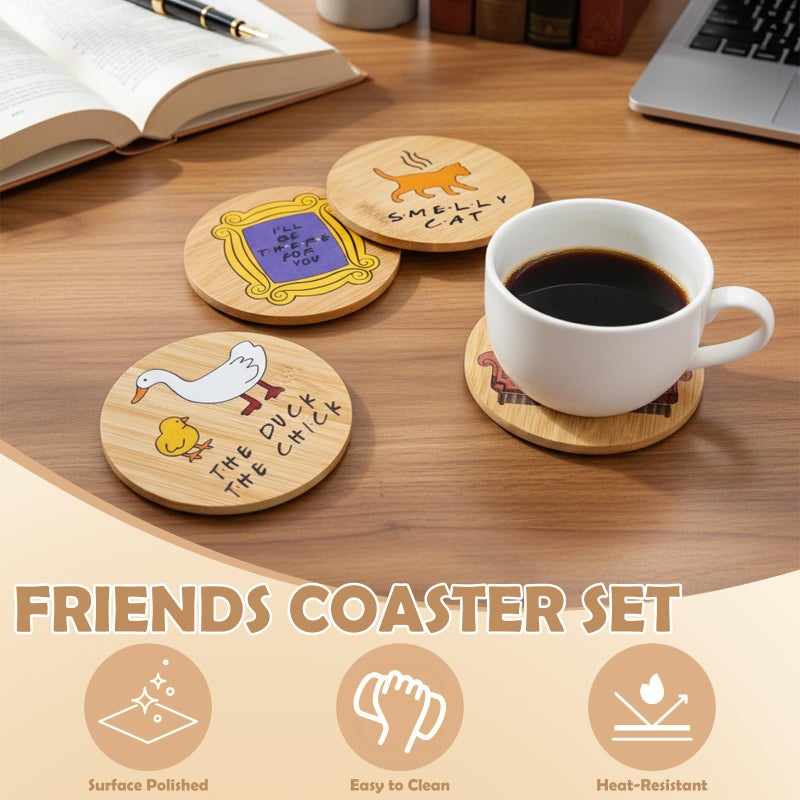 PuGez Friends Merchandise Coasters for Drink, TV Show Merch Gifts for Fans, Housewarming Presents for Friends, Kitchen Decor Wooden Set with Holder, 6 Piece - Image 2