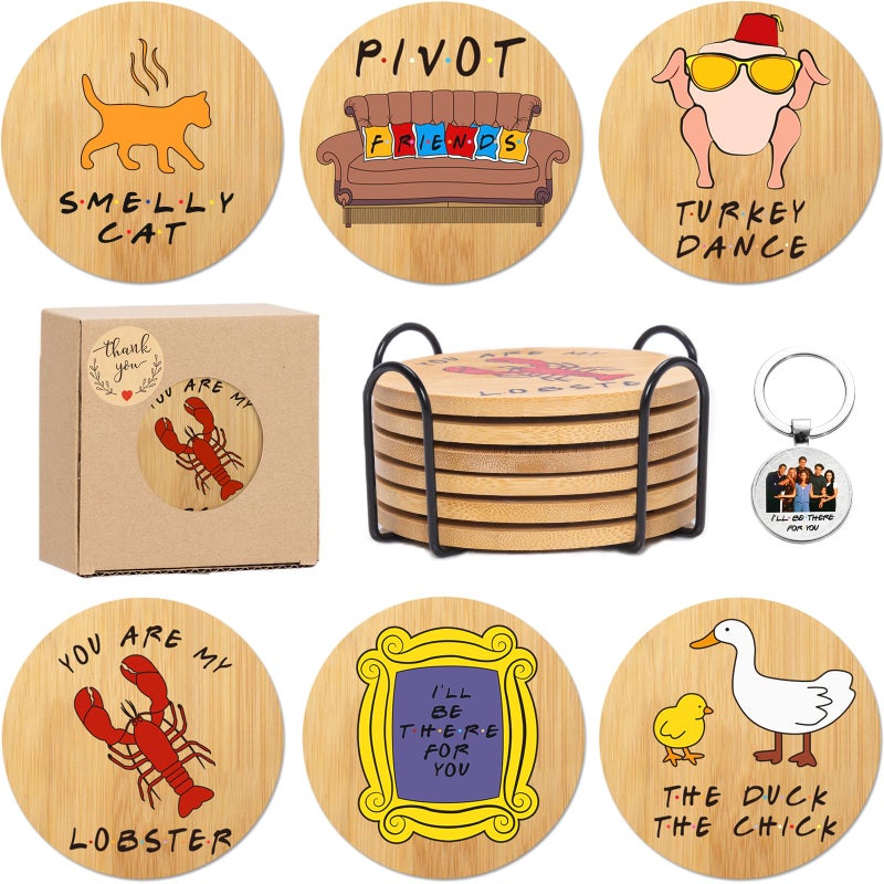 PuGez Friends Merchandise Coasters for Drink, TV Show Merch Gifts for Fans, Housewarming Presents for Friends, Kitchen Decor Wooden Set with Holder, 6 Piece - Image 1