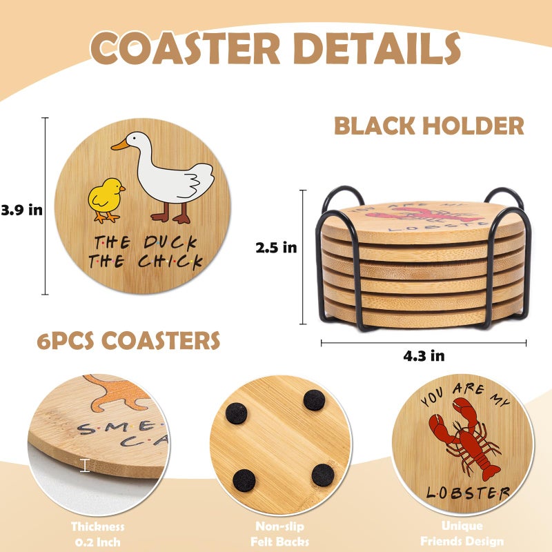 PuGez Friends Merchandise Coasters for Drink, TV Show Merch Gifts for Fans, Housewarming Presents for Friends, Kitchen Decor Wooden Set with Holder, 6 Piece - Image 3