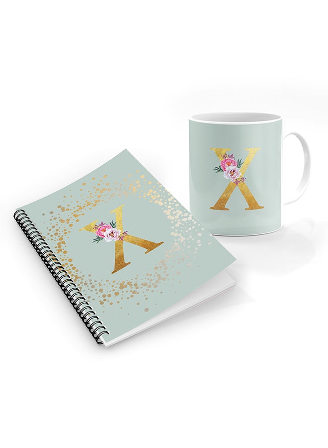 Stylizedd Printed Coffee Mug + A5 Spiral Notebook Memo Personalised Combo Gift Set -Custom Monogram Initial Letter Floral Pattern Alphabet - X  ( Light Green )