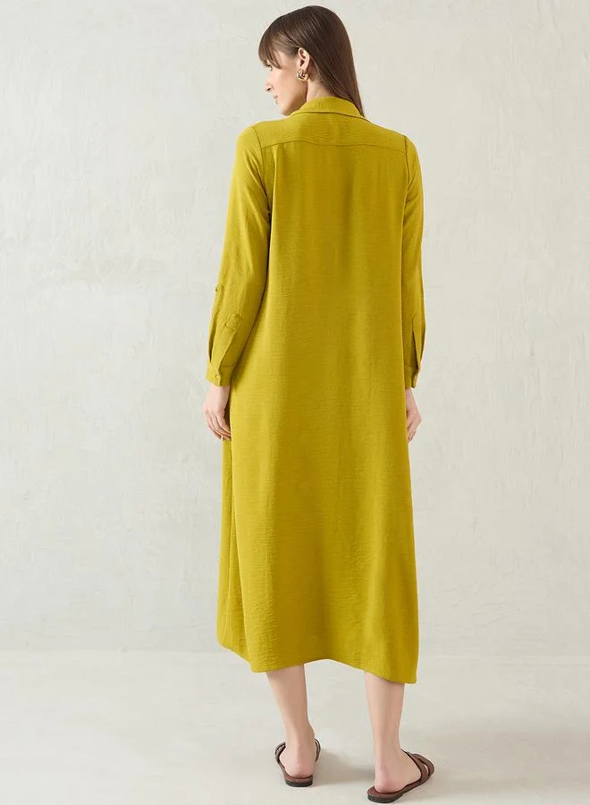 Femmella Femmella Green Solid Long Sleeve Shirt Midi Dress with Button Front