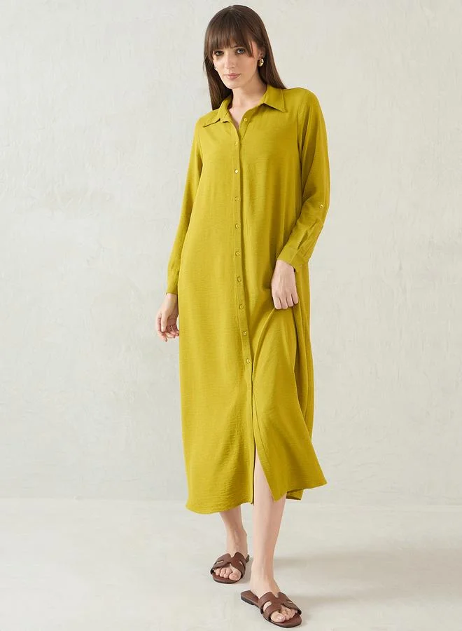 Femmella Femmella Green Solid Long Sleeve Shirt Midi Dress with Button Front