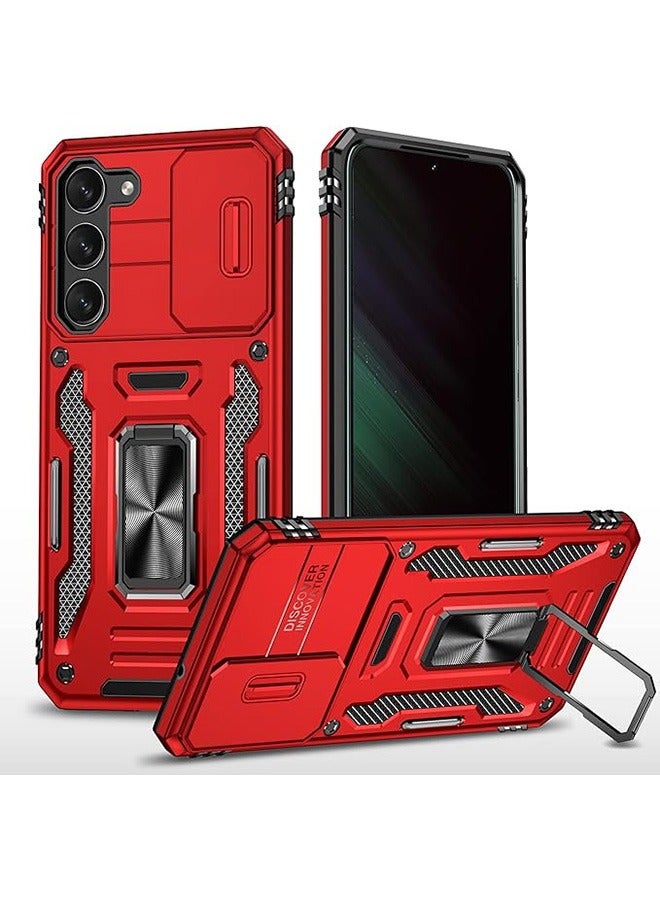 Samsung Galaxy S24 Case, Shockproof Cases, Anti-Fall Drop Protection, Built-in Slide Anti-Scratch Camera Lens Cover, Integrated 360 Degree Rotating Ring Kickstand, Red - Image 1