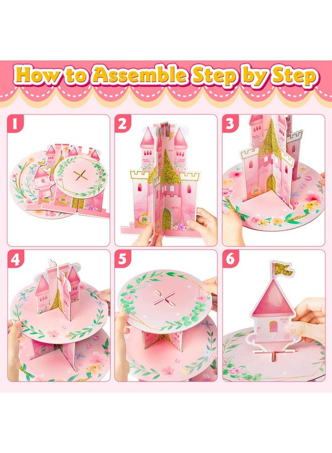 ANGOLIO 3 Tiers Watercolor Princess Cupcake Stand Princess Birthday Party Cardboard Cupcake Holder Decorations Pink Castle Party Dessert Tower Princess Party Supplies for Kids Pink Themed Baby Shower - Image 4