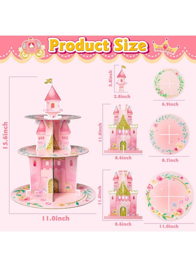 ANGOLIO 3 Tiers Watercolor Princess Cupcake Stand Princess Birthday Party Cardboard Cupcake Holder Decorations Pink Castle Party Dessert Tower Princess Party Supplies for Kids Pink Themed Baby Shower - Image 2