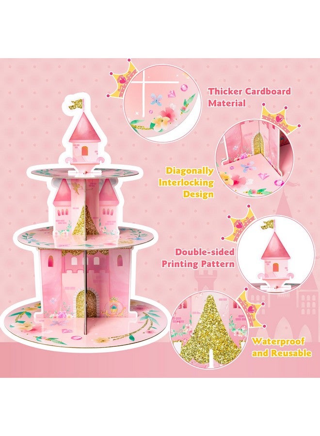 ANGOLIO 3 Tiers Watercolor Princess Cupcake Stand Princess Birthday Party Cardboard Cupcake Holder Decorations Pink Castle Party Dessert Tower Princess Party Supplies for Kids Pink Themed Baby Shower - Image 3