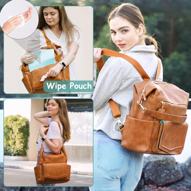 MOMINSIDE Diaper Bag - Leather Convertible Backpack Hobo, Large Mom Baby Bag, 14 Pockets, 6 Bottle, Wipes, Insulated (Brown) - Image 2