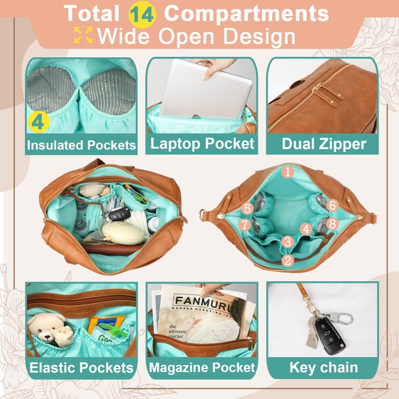 MOMINSIDE Diaper Bag - Leather Convertible Backpack Hobo, Large Mom Baby Bag, 14 Pockets, 6 Bottle, Wipes, Insulated (Brown) - Image 4