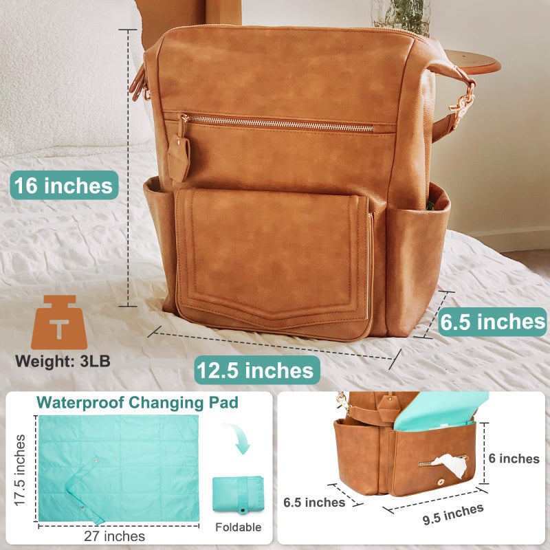 MOMINSIDE Diaper Bag - Leather Convertible Backpack Hobo, Large Mom Baby Bag, 14 Pockets, 6 Bottle, Wipes, Insulated (Brown) - Image 5