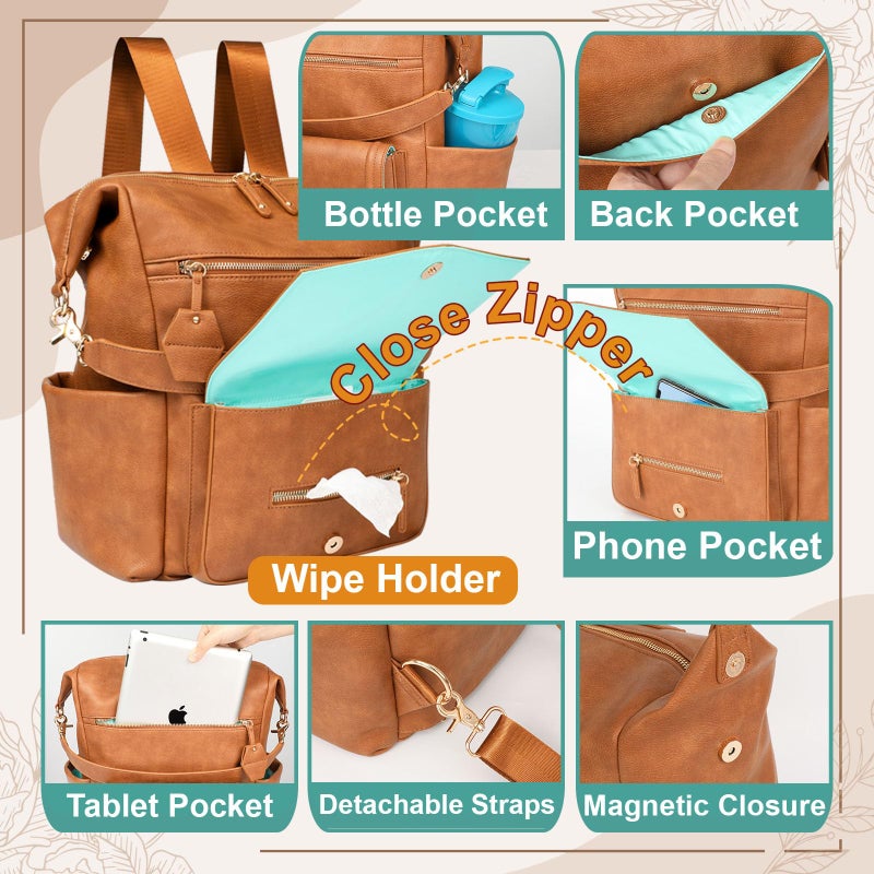 MOMINSIDE Diaper Bag - Leather Convertible Backpack Hobo, Large Mom Baby Bag, 14 Pockets, 6 Bottle, Wipes, Insulated (Brown) - Image 3
