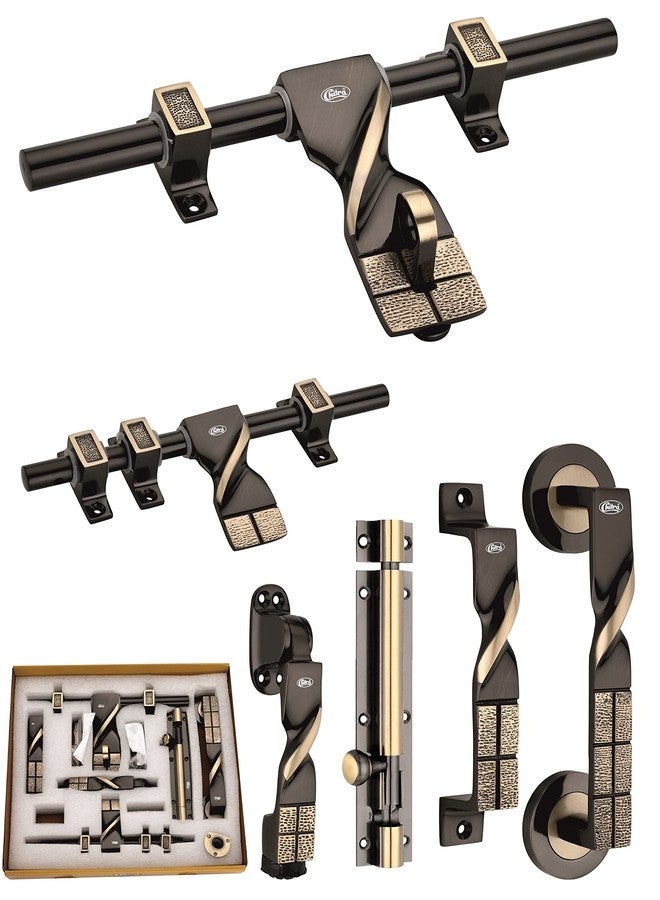 Chitra Taojin Series Brass Heavy Single Door Fitting Accessories Full Set/Kit (1 Aldrop, 1 Latch, 2 Handles, 1 Tower Bolt and 1 Door Stopper) (10 Inch, Two Tone Antique Brass) - Image 1