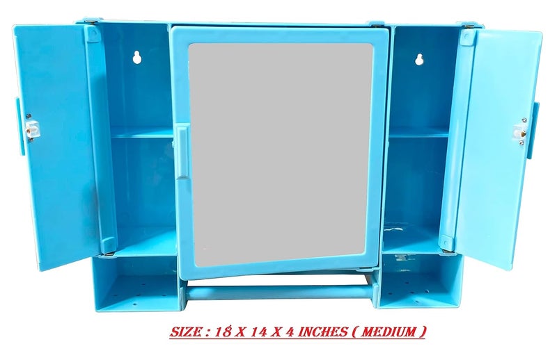 PGen PGen Size 18 x 14 x 4 Inches Medium Multiuse Virgin Plastic Triple Door Storage Sturdy Mirror Cabinet for Kitchen Bathroom Makeup Beauty Toiletries and Medicines Pulse Blue  - Image 3