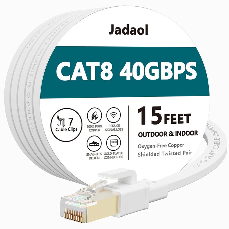 Jadaol Cat 8 Ethernet Cable 15 ft, 40Gbps 2000MHz Flat RJ45 S/FTP LAN Patch Cable, High-Speed Cat8 Network Cable for Router, Modem, Switch, Gaming Consoles, PC, Home Network & Streaming Devices, White - Image 1