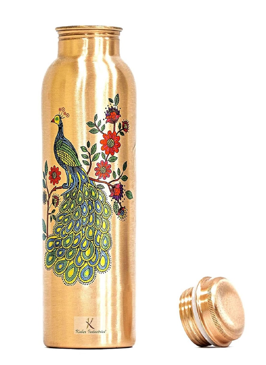 Kuber Industries Kuber Industries Peacock Print Pure Copper Bottle for Water 1 Litre Dirt Proof Leak Proof and Joint Less Ayurveda and Yoga Health Benefits Water Bottle (Brown)-KUBMART11576  - Image 4