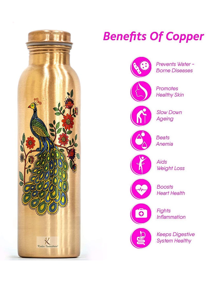 Kuber Industries Kuber Industries Peacock Print Pure Copper Bottle for Water 1 Litre Dirt Proof Leak Proof and Joint Less Ayurveda and Yoga Health Benefits Water Bottle (Brown)-KUBMART11576  - Image 3