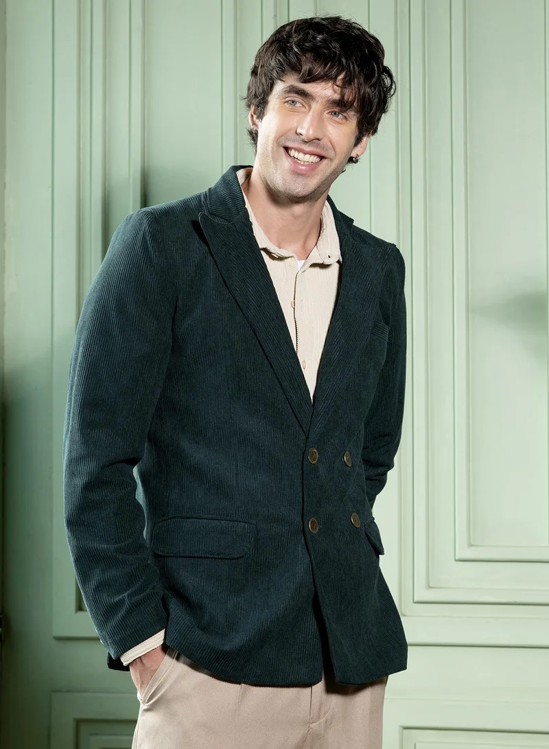 كامبوس سوترا بليزر رجالي مزدوج الصدر من الكوردروي بياقة مدببة وأكمام طويلة بأزرار مقسمة