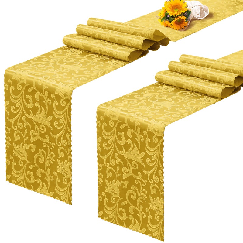 RUDONG M 2 Pack Gold Satin Table Runners 12 x 108 Inch, Long Silky Damask Table Runner Decor, Bright Smooth Jacquard Dining Table Runners for Weddings, Banquet, Parties Dinner Decoration - Image 1