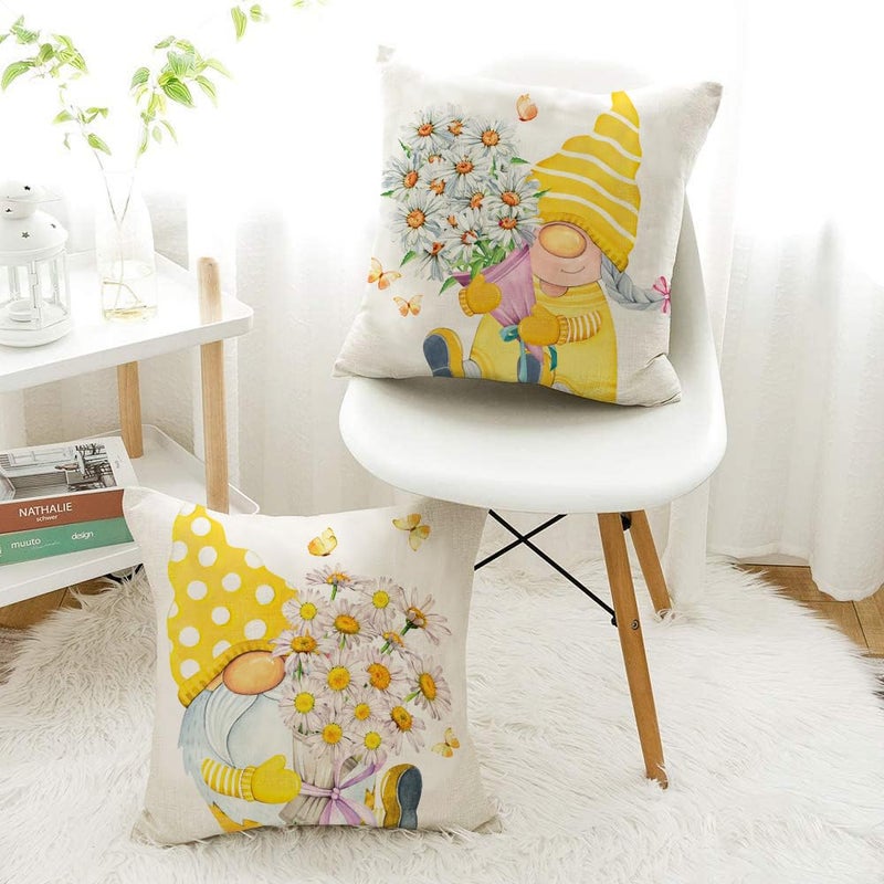 All Smiles Outdoor Yellow Throw Pillow Covers 18x18 Set of 4 Spring Summer Decorative Cushion Cases Home D?cor Decorations for Patio Couch Chair Sofa Daisy Floral Gnomes - Image 4