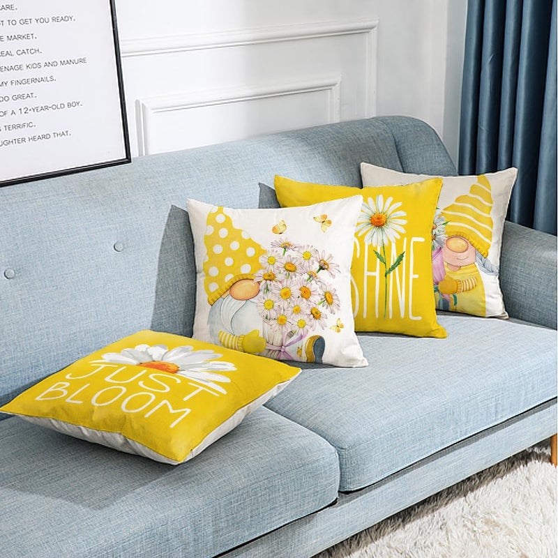 All Smiles Outdoor Yellow Throw Pillow Covers 18x18 Set of 4 Spring Summer Decorative Cushion Cases Home D?cor Decorations for Patio Couch Chair Sofa Daisy Floral Gnomes - Image 3