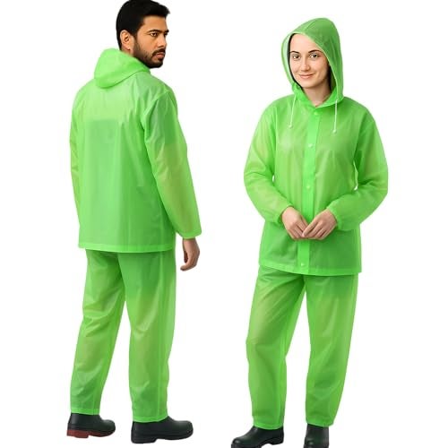 HACER EVA Rainsuit Set 75 GSM with Adjustable Hood Full Sleeves Lightweight Raincoat with Pants Water Resistant Outdoor Travel Rainwear for Men & Women Camping Trekking Hiking (Pack of 1, Neon Green) - Image 1