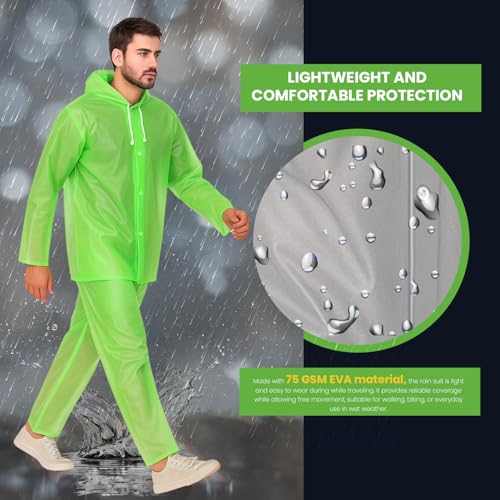 HACER EVA Rainsuit Set 75 GSM with Adjustable Hood Full Sleeves Lightweight Raincoat with Pants Water Resistant Outdoor Travel Rainwear for Men & Women Camping Trekking Hiking (Pack of 1, Neon Green) - Image 5